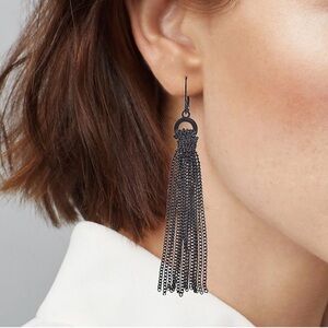 NWOT 1928 Black Chandelier Drop Tassel Pierced Earrings Chains Rocker Chick